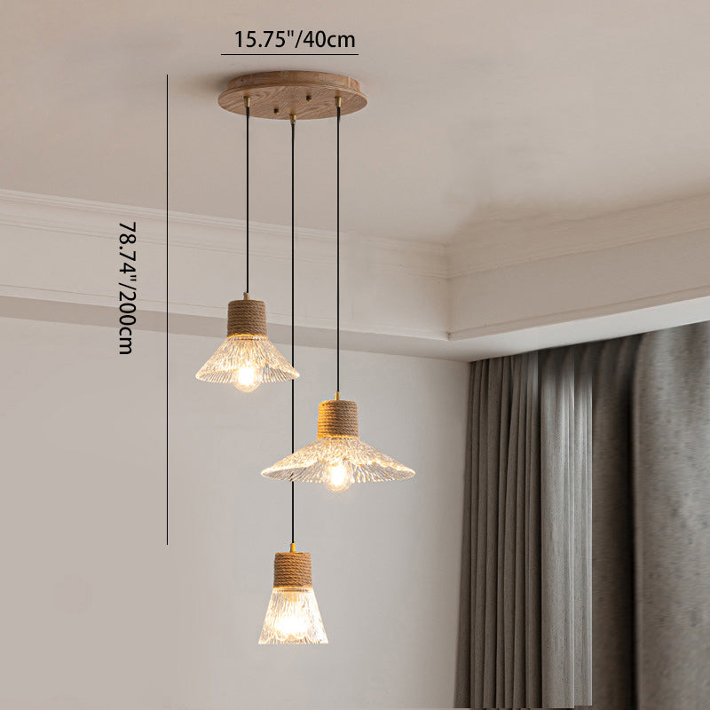 Nordic Conical Glass Hemp Rope Wood Chandelier