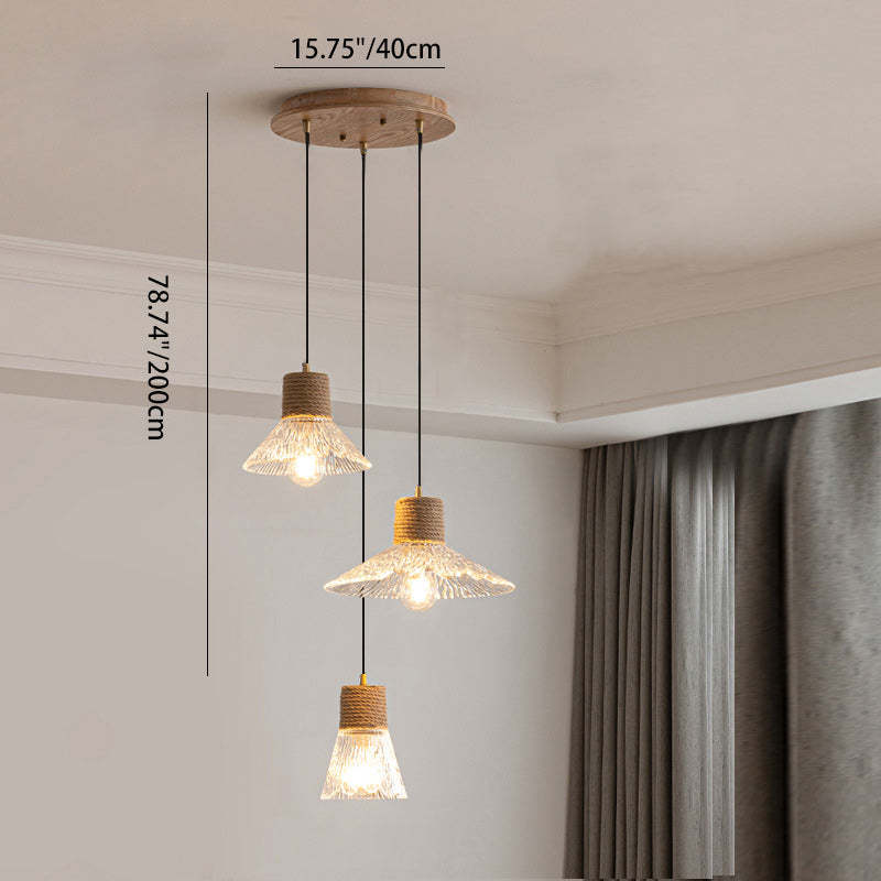 Nordic Conical Glass Hemp Rope Wood Chandelier