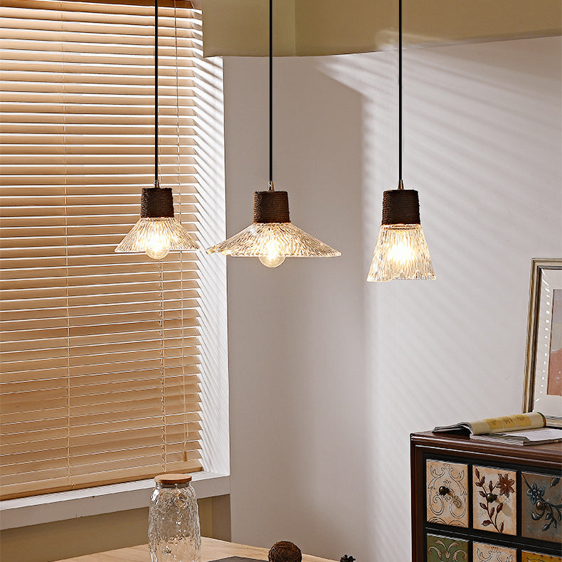 Nordic Conical Glass Hemp Rope Wood Chandelier