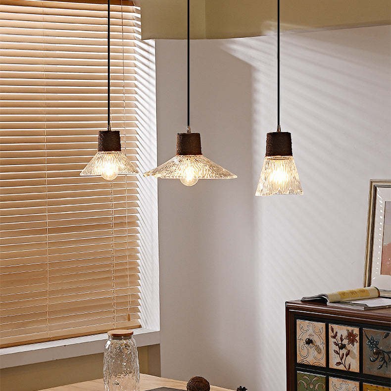 Nordic Conical Glass Hemp Rope Wood Chandelier