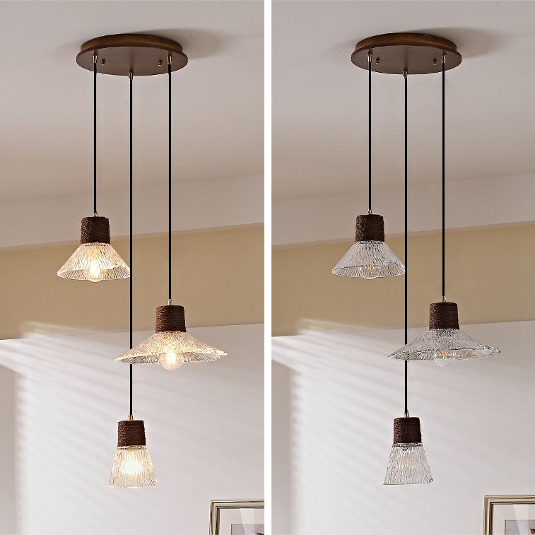 Nordic Conical Glass Hemp Rope Wood Chandelier