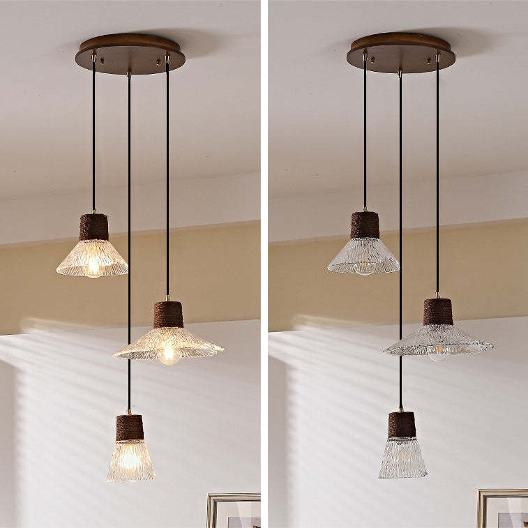 Nordic Conical Glass Hemp Rope Wood Chandelier