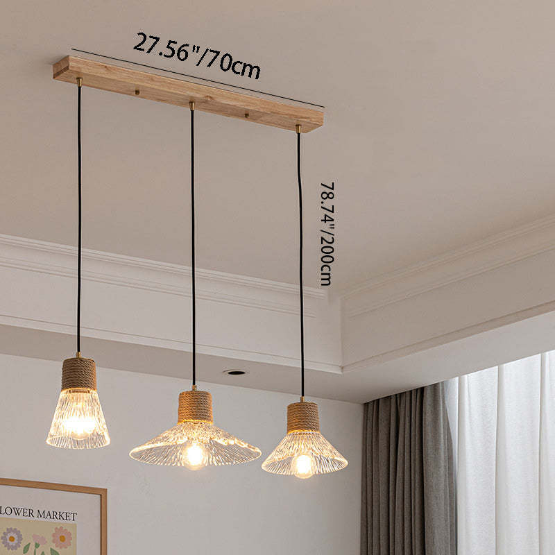Nordic Conical Glass Hemp Rope Wood Chandelier