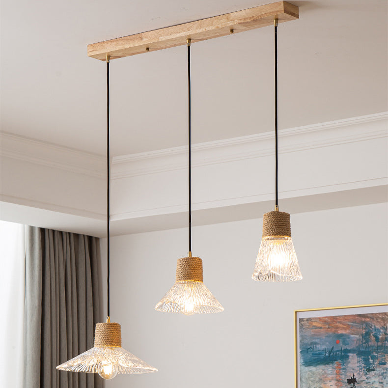 Nordic Conical Glass Hemp Rope Wood Chandelier