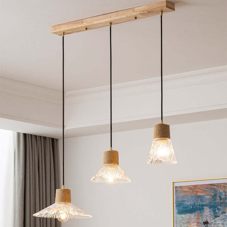 Nordic Conical Glass Hemp Rope Wood Chandelier