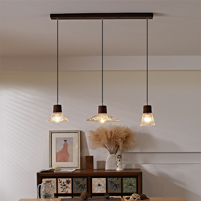 Nordic Conical Glass Hemp Rope Wood Chandelier