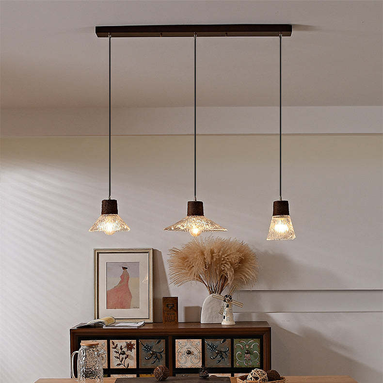 Nordic Conical Glass Hemp Rope Wood Chandelier