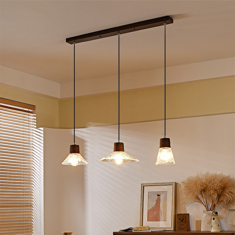 Nordic Conical Glass Hemp Rope Wood Chandelier