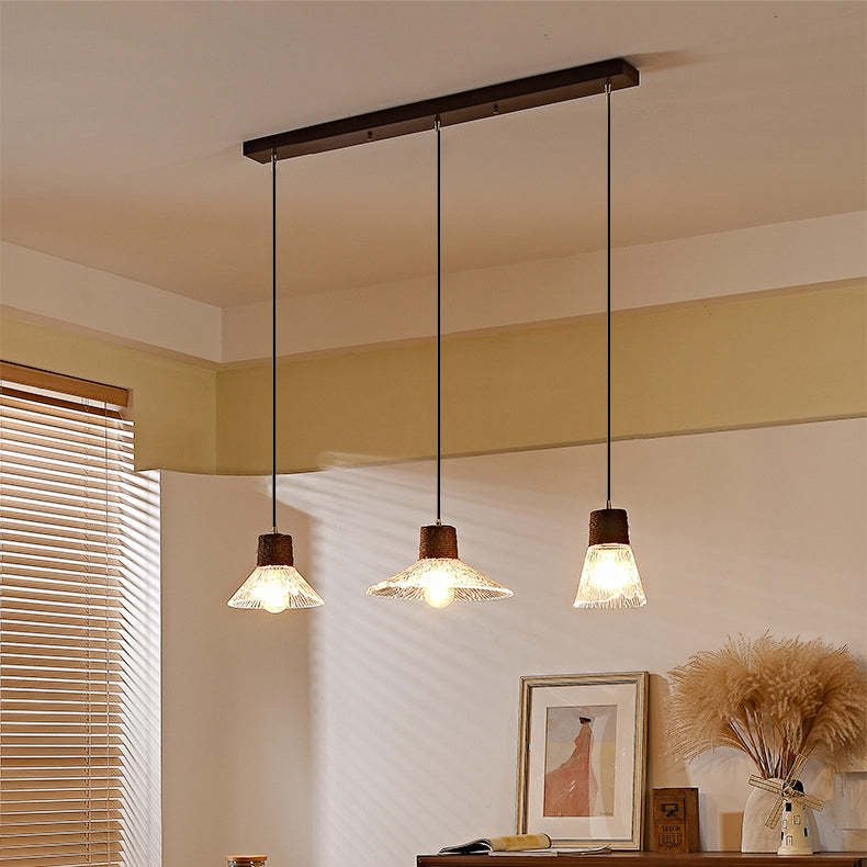 Nordic Conical Glass Hemp Rope Wood Chandelier