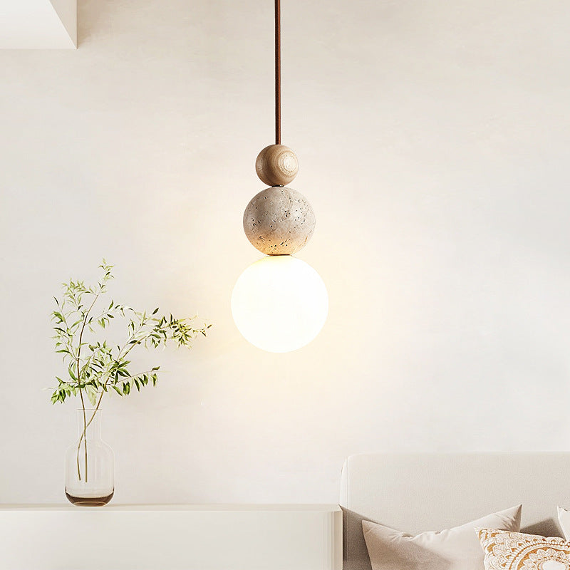 Vintage Spherical Wood Yellow Travertine Glass Pendant Light