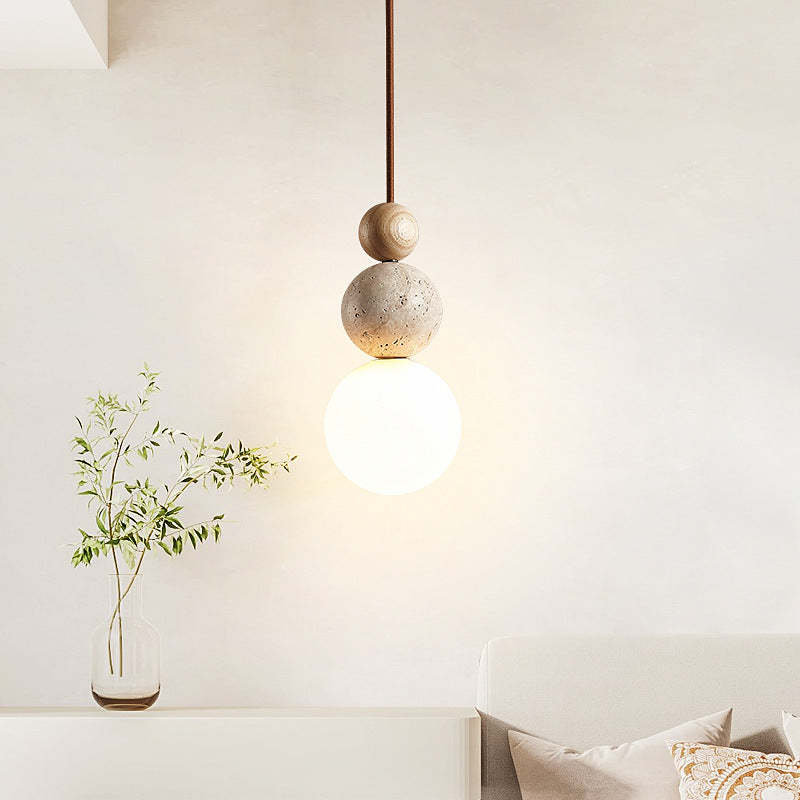 Vintage Spherical Wood Yellow Travertine Glass Pendant Light