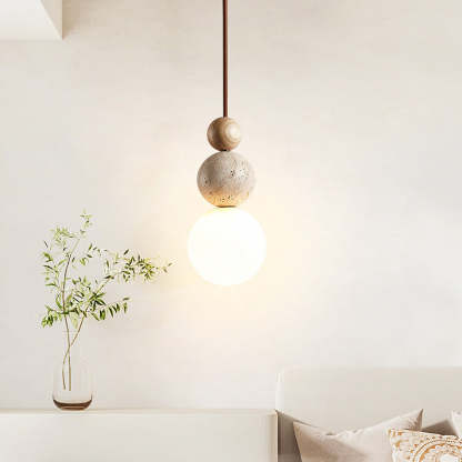Vintage Spherical Wood Yellow Travertine Glass Pendant Light — Original Wood Color / 110V-120V For US/CA
