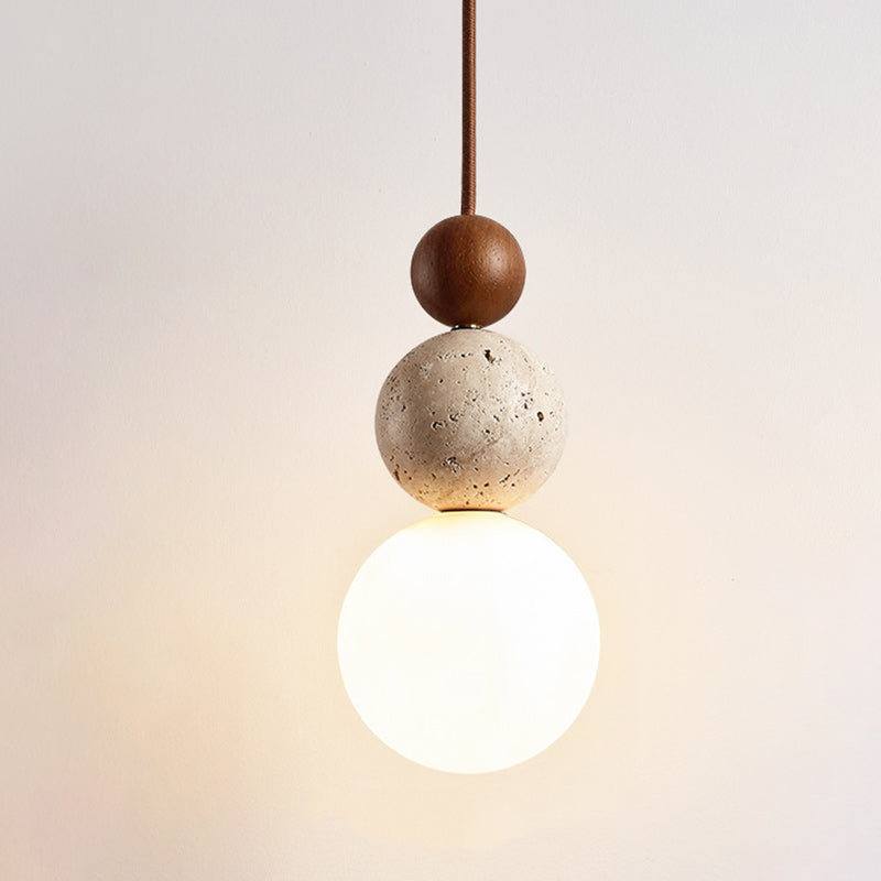 Vintage Spherical Wood Yellow Travertine Glass Pendant Light — Original Wood Color / 220V-240V For UK/AU