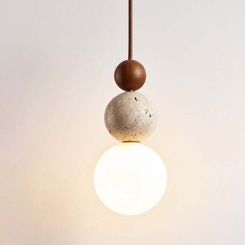 Vintage Spherical Wood Yellow Travertine Glass Pendant Light — Original Wood Color / 220V-240V For UK/AU