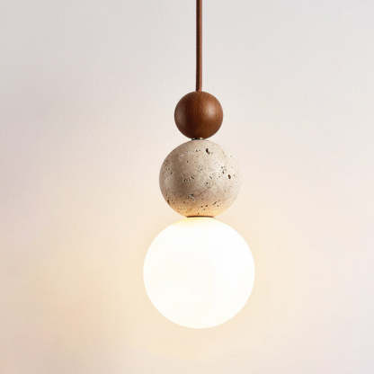 Vintage Spherical Wood Yellow Travertine Glass Pendant Light — Original Wood Color / 220V-240V For UK/AU