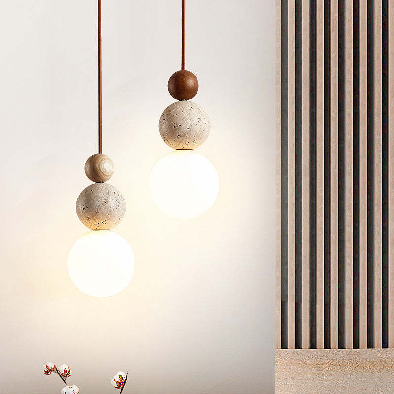 Vintage Spherical Wood Yellow Travertine Glass Pendant Light