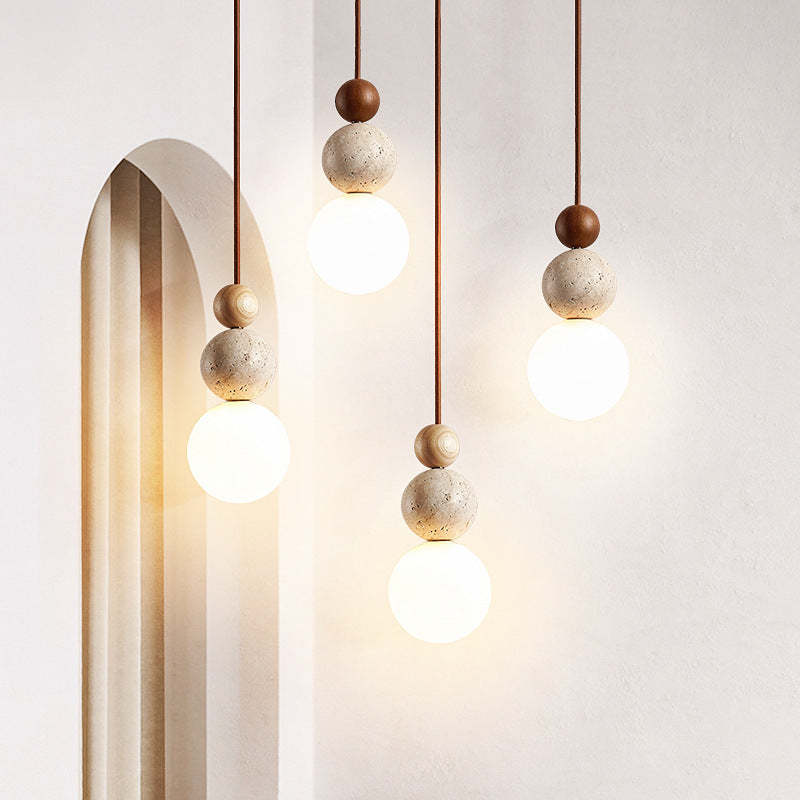 Vintage Spherical Wood Yellow Travertine Glass Pendant Light — Walnut Color / 220V-240V For UK/AU