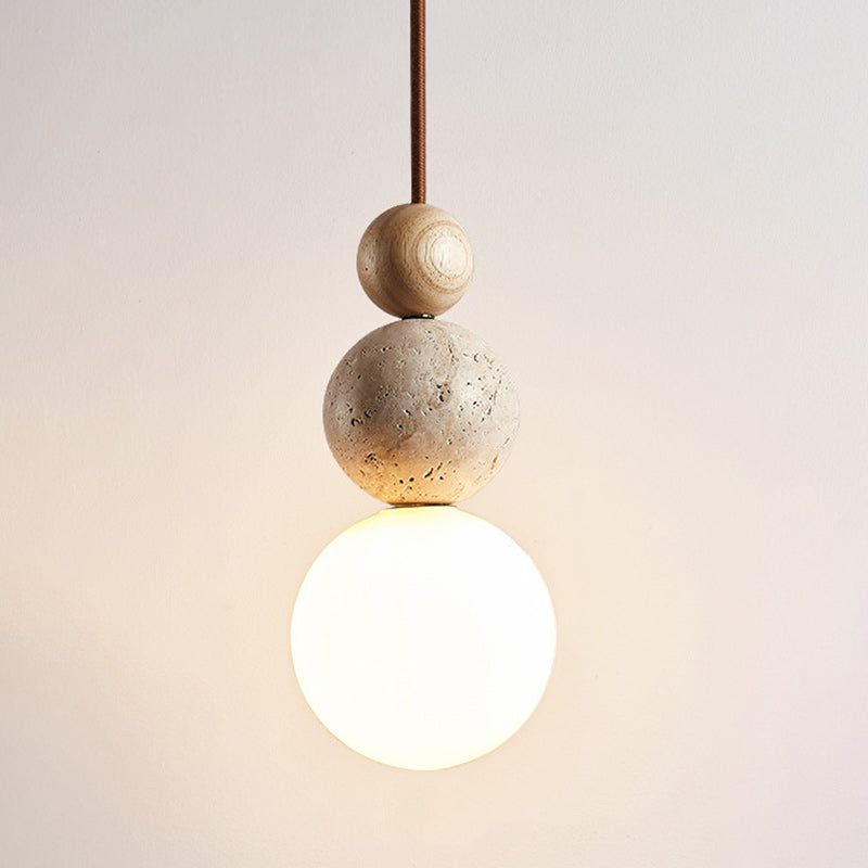 Vintage Spherical Wood Yellow Travertine Glass Pendant Light