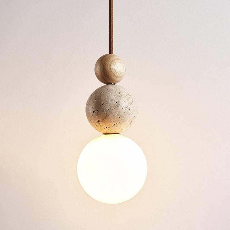 Vintage Spherical Wood Yellow Travertine Glass Pendant Light