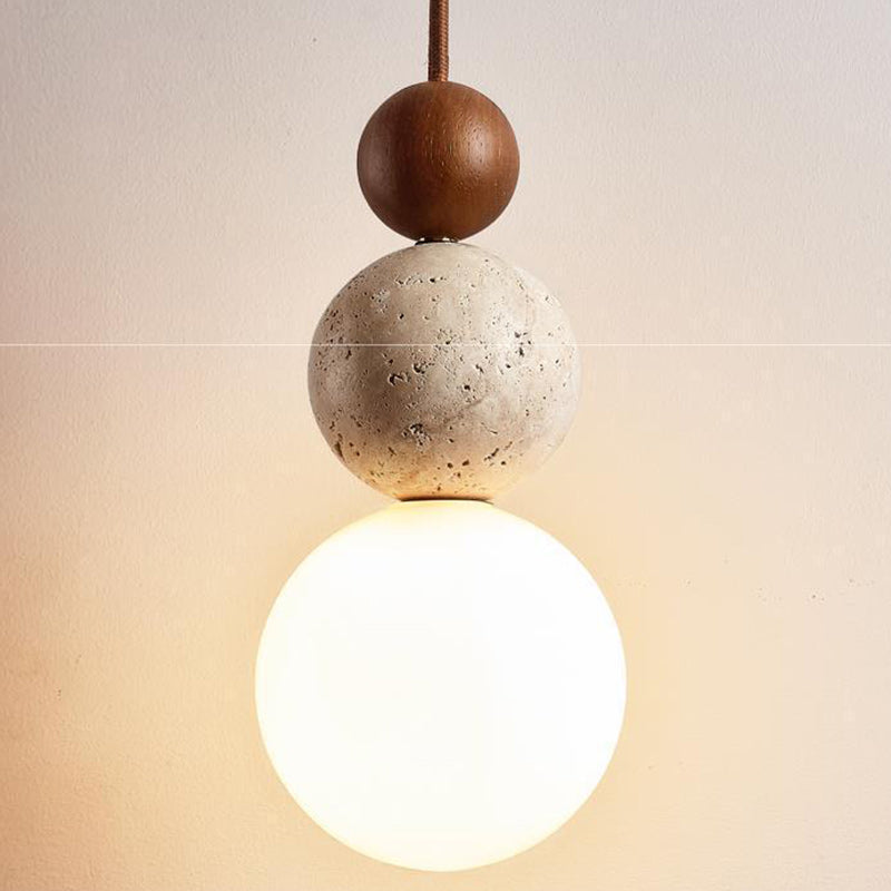 Vintage Spherical Wood Yellow Travertine Glass Pendant Light
