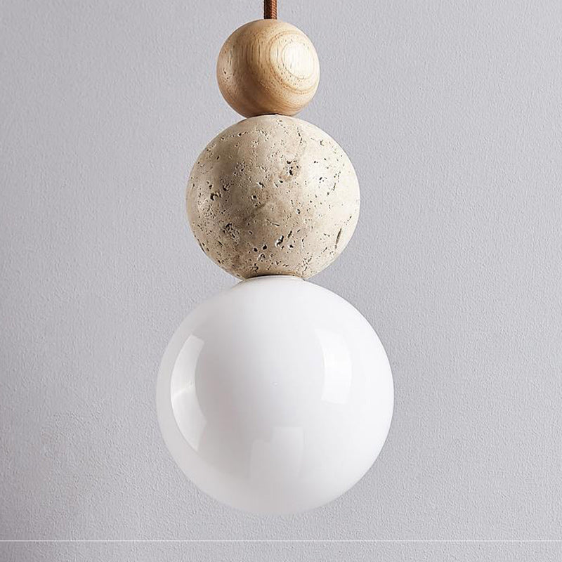 Vintage Spherical Wood Yellow Travertine Glass Pendant Light