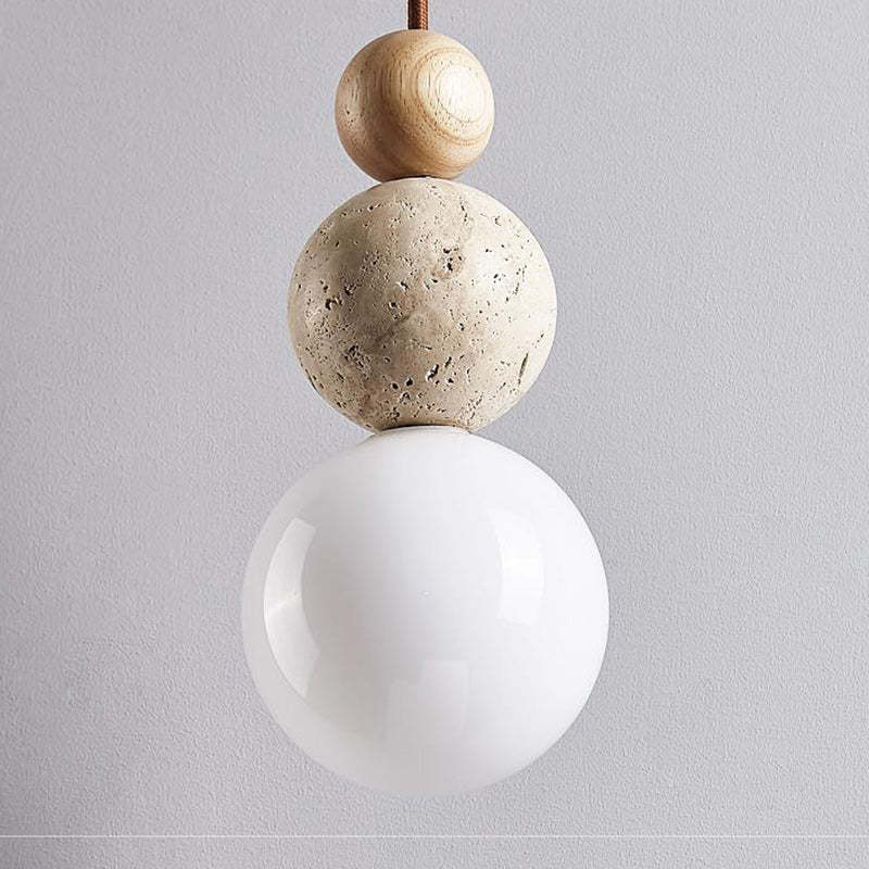 Vintage Spherical Wood Yellow Travertine Glass Pendant Light