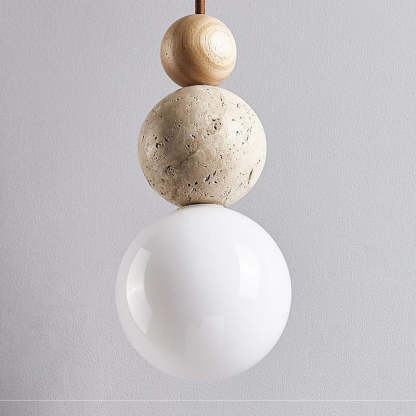 Vintage Spherical Wood Yellow Travertine Glass Pendant Light