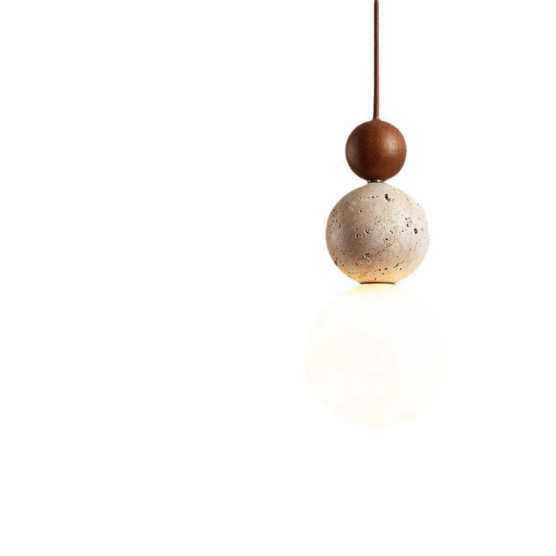 Vintage Spherical Wood Yellow Travertine Glass Pendant Light