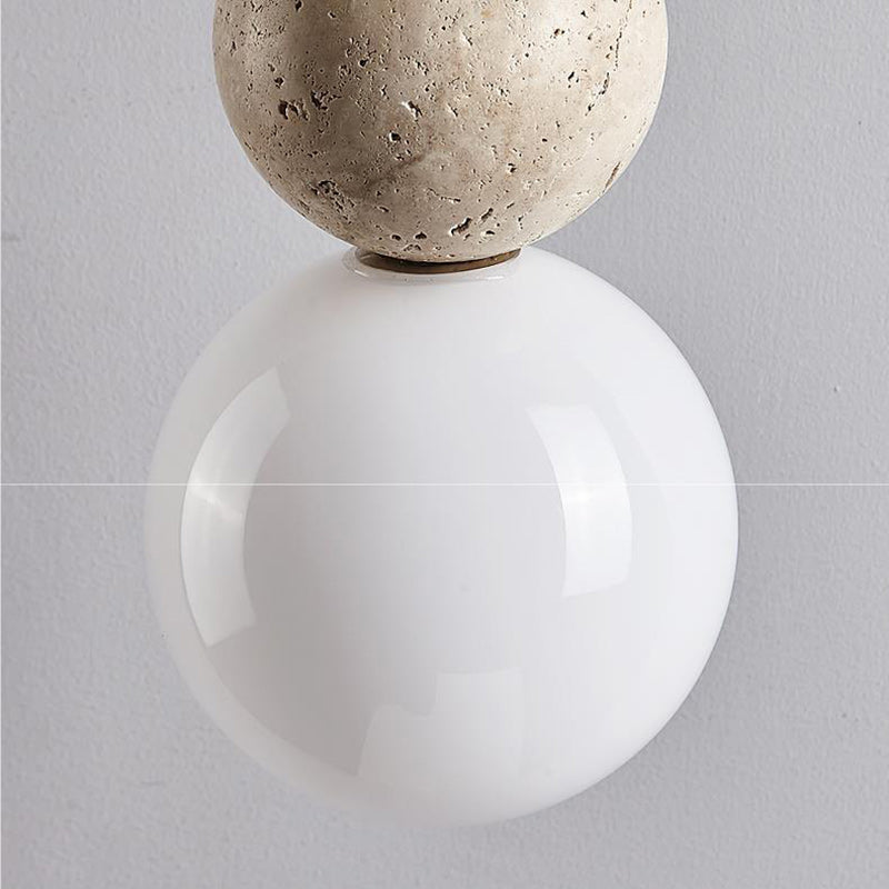 Vintage Spherical Wood Yellow Travertine Glass Pendant Light