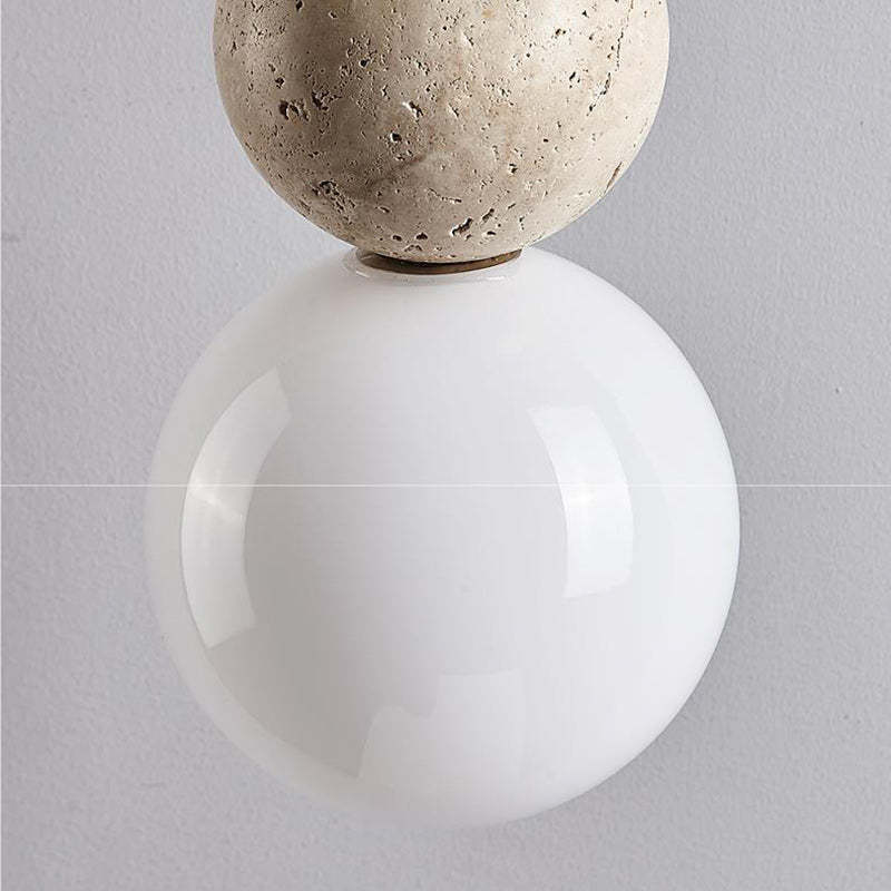 Vintage Spherical Wood Yellow Travertine Glass Pendant Light