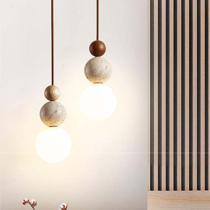 Vintage Spherical Wood Yellow Travertine Glass Pendant Light — Walnut Color / 110V-120V For US/CA