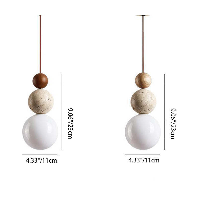 Vintage Spherical Wood Yellow Travertine Glass Pendant Light
