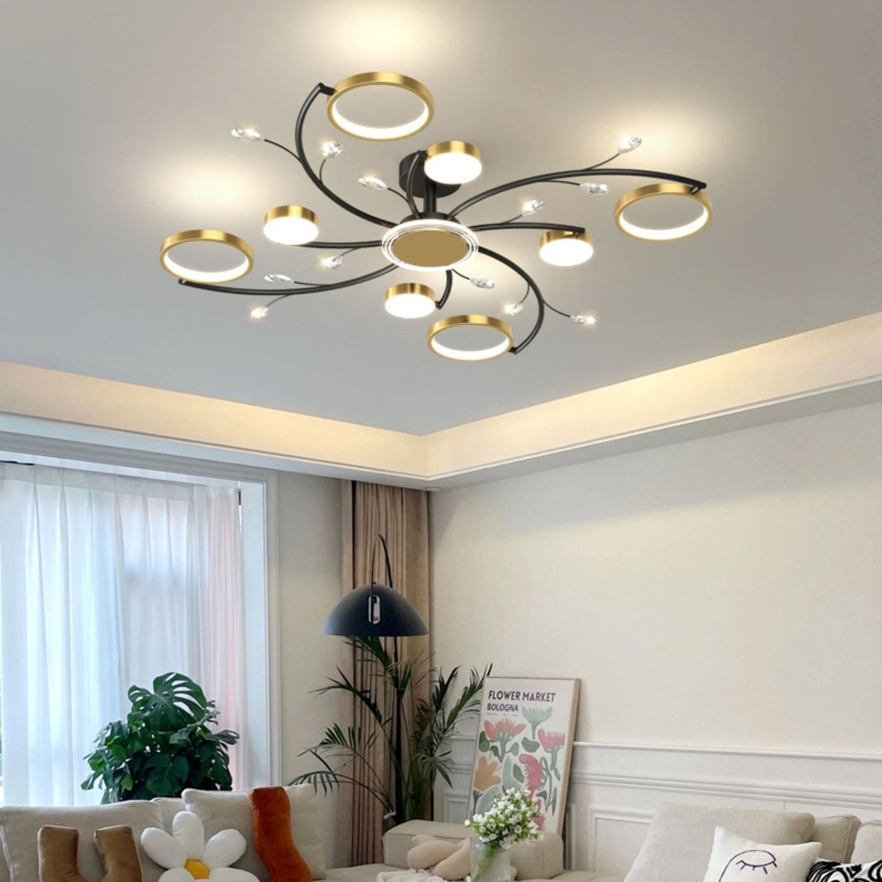 Nordic round branch semi-flush mount light in iron — 6-Light / 220V-240V (UK/AU)