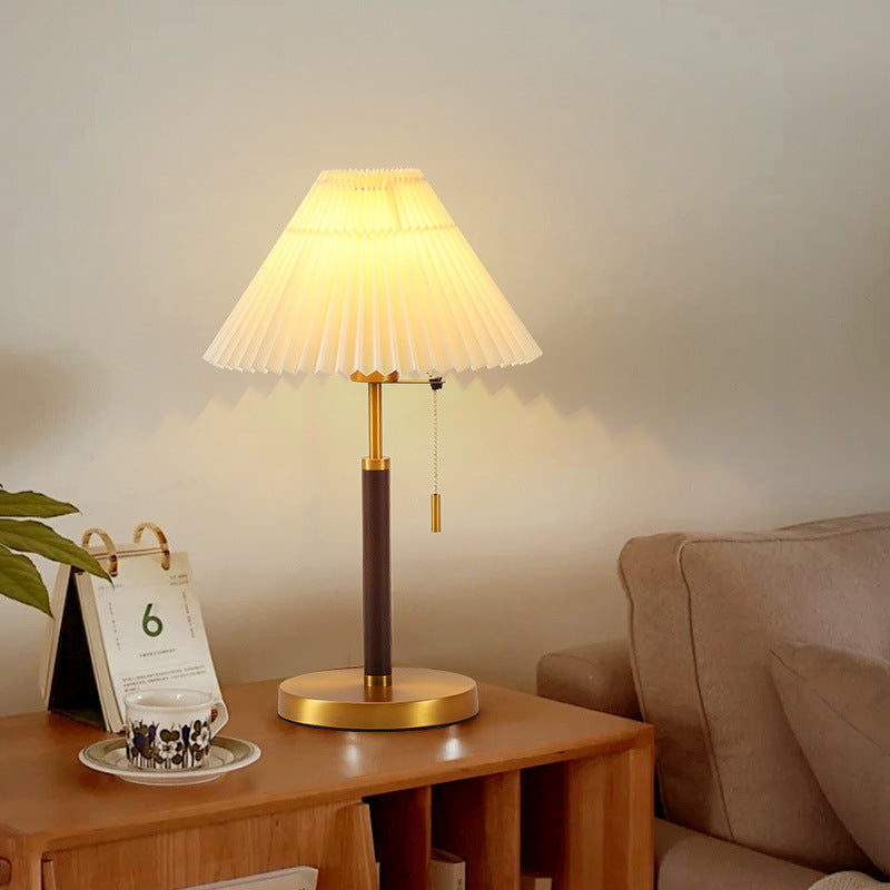 Vintage Pleated Iron Wood Fabric Table Lamp