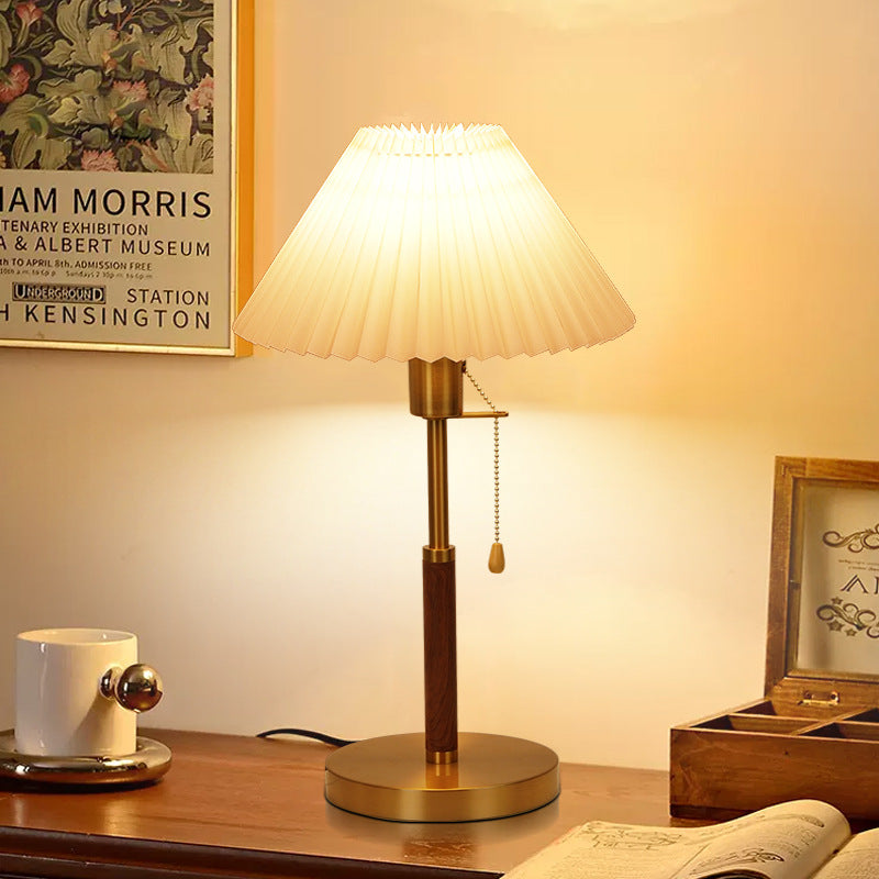 Vintage Pleated Iron Wood Fabric Table Lamp