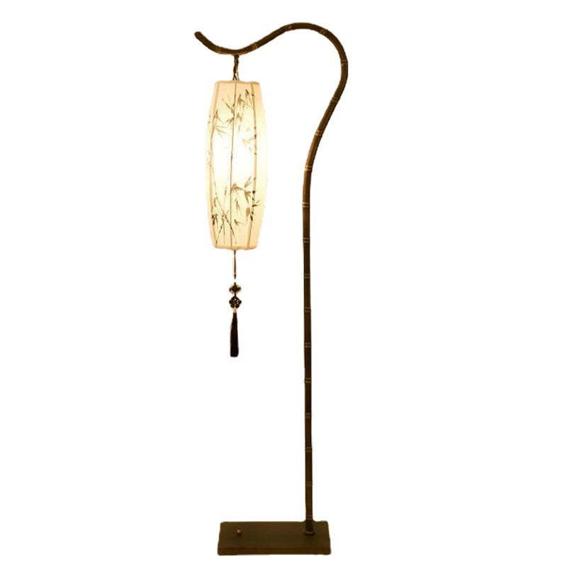 Chinese Zen Bamboo Painted Fabric Arc Iron Floor Lamp