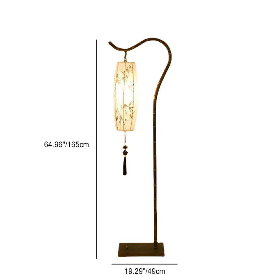 Chinese Zen Bamboo Painted Fabric Arc Iron Floor Lamp
