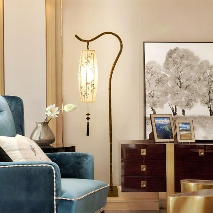 Chinese Zen Bamboo Painted Fabric Arc Iron Floor Lamp