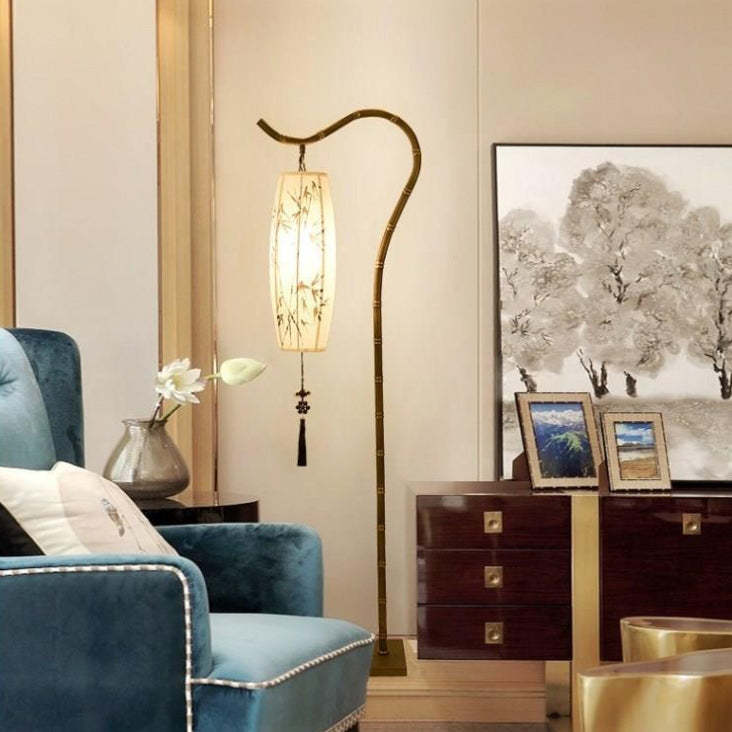 Chinese Zen Bamboo Painted Fabric Arc Iron Floor Lamp