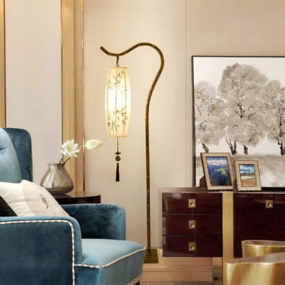 Chinese Zen Bamboo Painted Fabric Arc Iron Floor Lamp