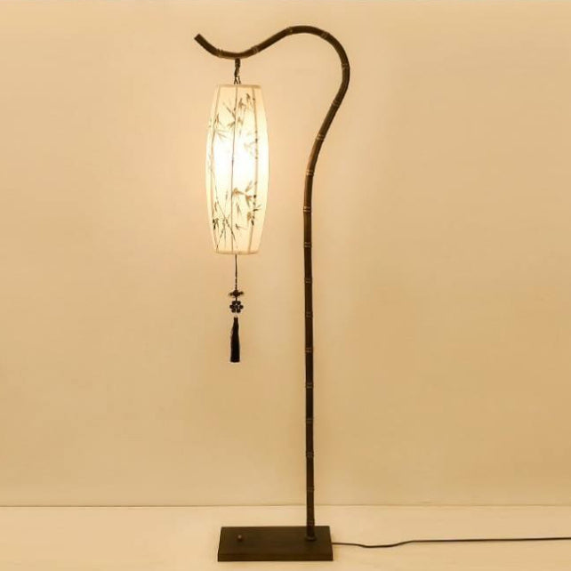 Chinese Zen Bamboo Painted Fabric Arc Iron Floor Lamp