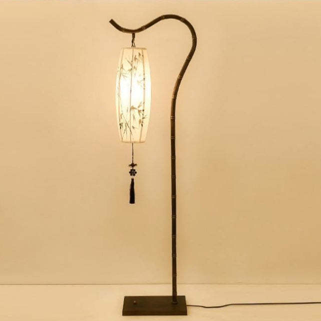 Chinese Zen Bamboo Painted Fabric Arc Iron Floor Lamp