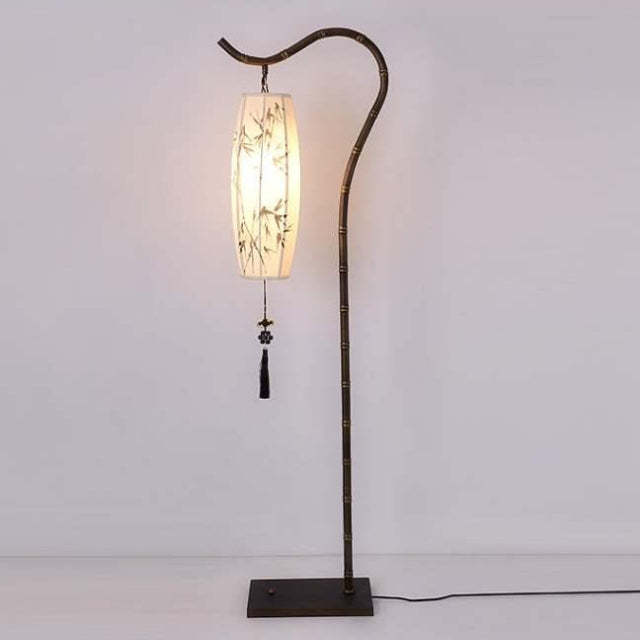 Chinese Zen Bamboo Painted Fabric Arc Iron Floor Lamp