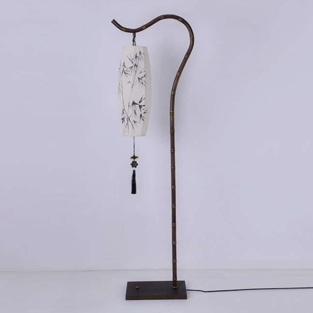 Chinese Zen Bamboo Painted Fabric Arc Iron Floor Lamp