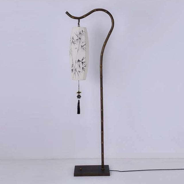 Chinese Zen Bamboo Painted Fabric Arc Iron Floor Lamp