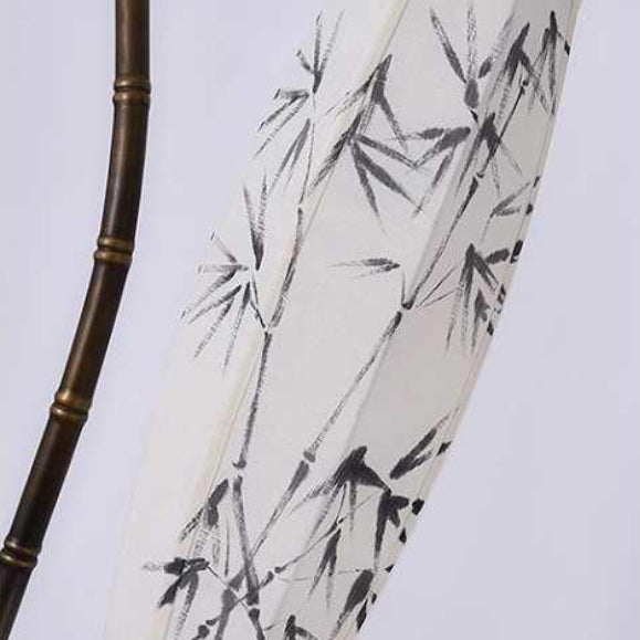 Chinese Zen Bamboo Painted Fabric Arc Iron Floor Lamp