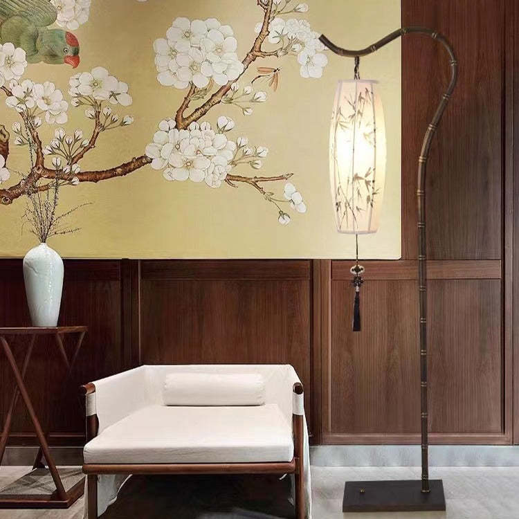 Chinese Zen Bamboo Painted Fabric Arc Iron Floor Lamp