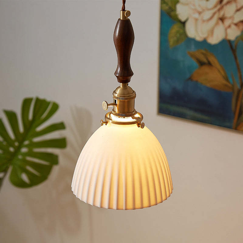 Japanese Wood Ceramic Round Pendant Light