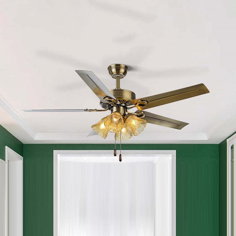 Traditional Retro Iron Flower Ceiling Fan Light — Pull Cord / Wood Fan / 220V-240V For UK/AU