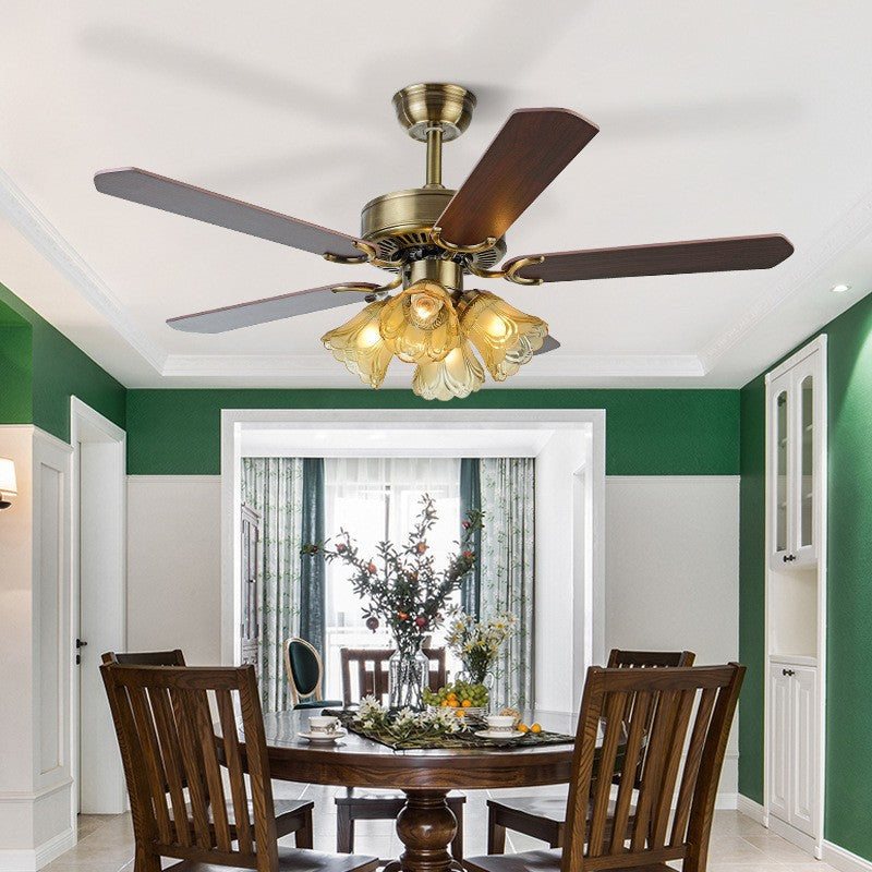 Traditional Retro Iron Flower Ceiling Fan Light — Remote Control / Wood Fan / 220V-240V For UK/AU